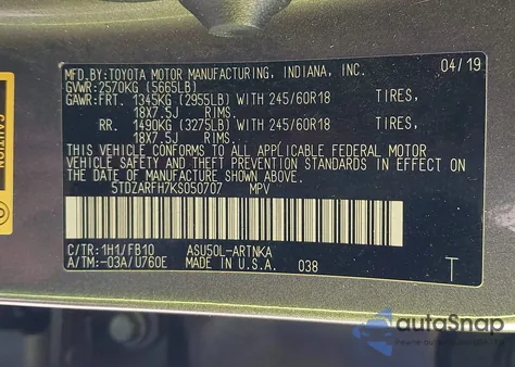 2019 Toyota Highlander Le from USA, damaged, VIN 5TDZARFH7KS050707